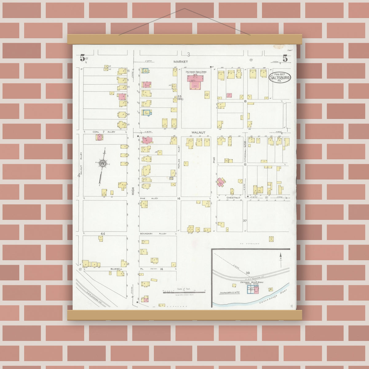 Old map wall art mockup — magnetic wood frame on brick wall — Sanborn Fire Insurance Map from Saltsburg, Indiana County, Pennsylvania (1927), Sheet #0005