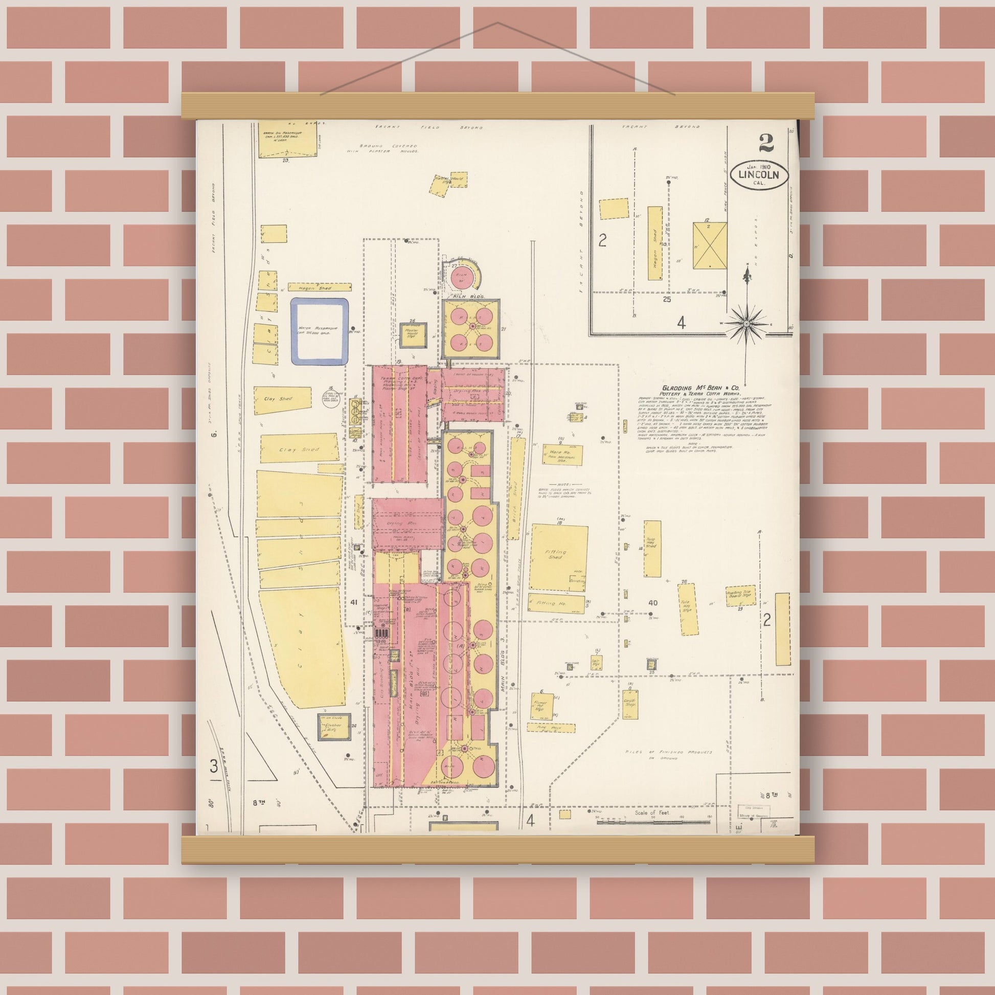 Old map wall art mockup — magnetic wood frame on brick wall — Sanborn Fire Insurance Map from Lincoln, Placer County, California (1910), Sheet #0002