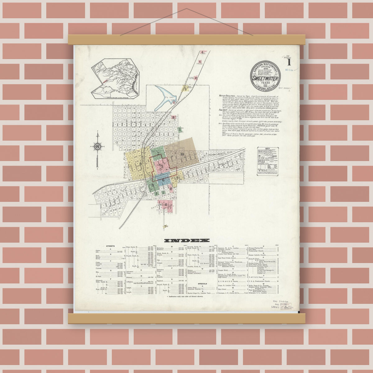 Old map wall art mockup — magnetic wood frame on brick wall — Sanborn Fire Insurance Map from Sweetwater, Nolan County, Texas (1914) - Complete Map Set