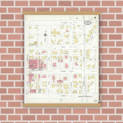 Old map wall art mockup — magnetic wood frame on brick wall — Sanborn Fire Insurance Map from Warsaw, Kosciusko County, Indiana (1910), Sheet #0006