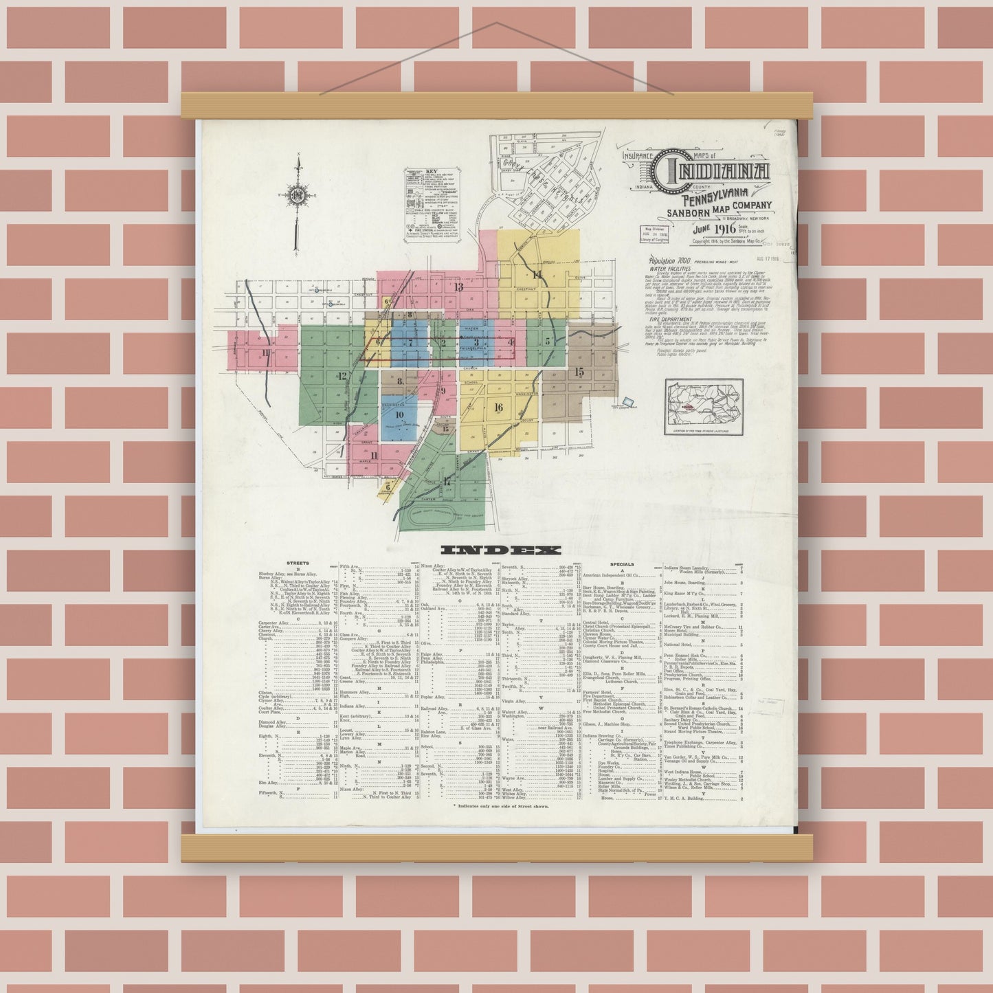 Old map wall art mockup — magnetic wood frame on brick wall — Sanborn Fire Insurance Map from Indiana, Indiana County, Pennsylvania (1916), Sheet #0001