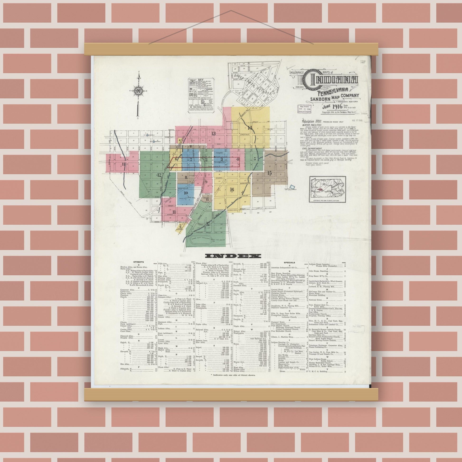 Old map wall art mockup — magnetic wood frame on brick wall — Sanborn Fire Insurance Map from Indiana, Indiana County, Pennsylvania (1916), Sheet #0001