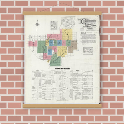 Old map wall art mockup — magnetic wood frame on brick wall — Sanborn Fire Insurance Map from Indiana, Indiana County, Pennsylvania (1916), Sheet #0001