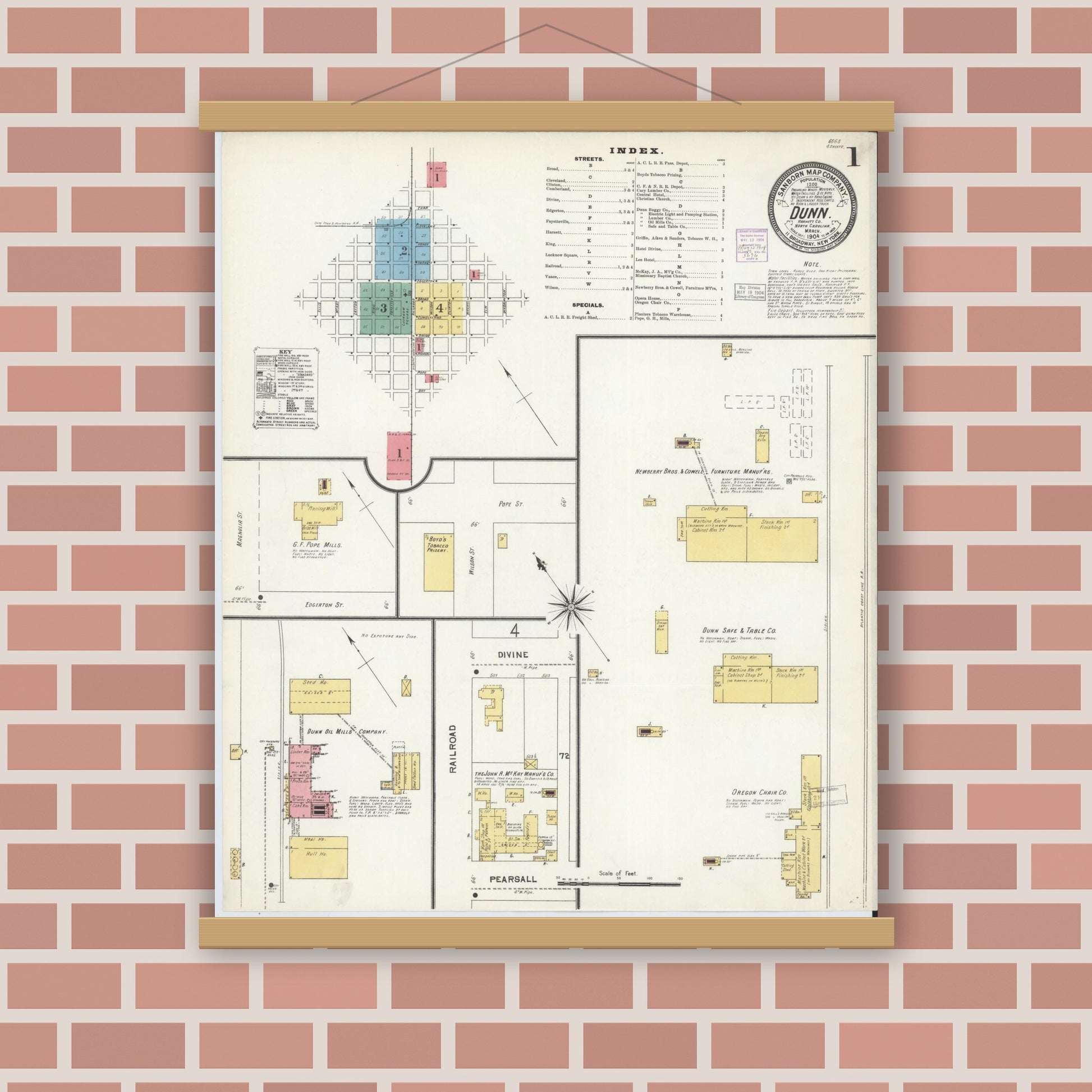 Old map wall art mockup — magnetic wood frame on brick wall — Sanborn Fire Insurance Map from Dunn, Harnett County, North Carolina (1904) - Complete Map Set