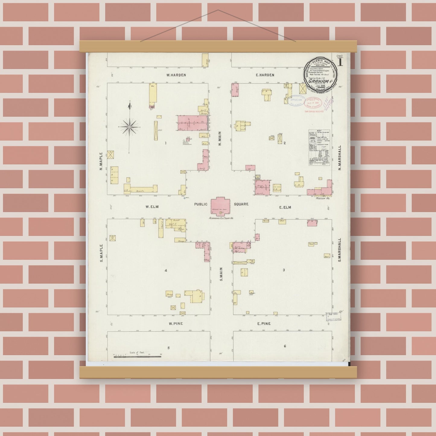 Old map wall art mockup — magnetic wood frame on brick wall — Sanborn Fire Insurance Map from Graham, Alamance County, North Carolina (1898) - Complete Map Set
