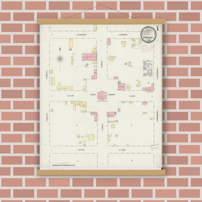 Old map wall art mockup — magnetic wood frame on brick wall — Sanborn Fire Insurance Map from Graham, Alamance County, North Carolina (1898) - Complete Map Set