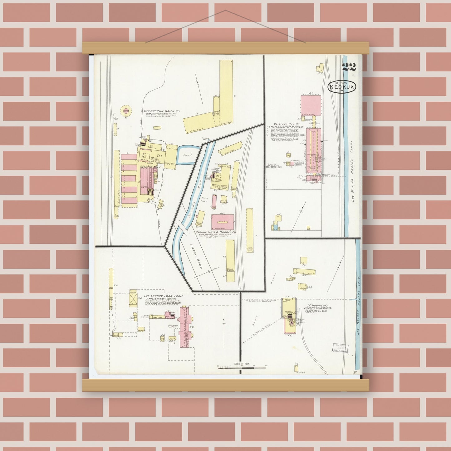 Old map wall art mockup — magnetic wood frame on brick wall — Sanborn Fire Insurance Map from Keokuk, Lee County, Iowa (1893), Sheet #0022