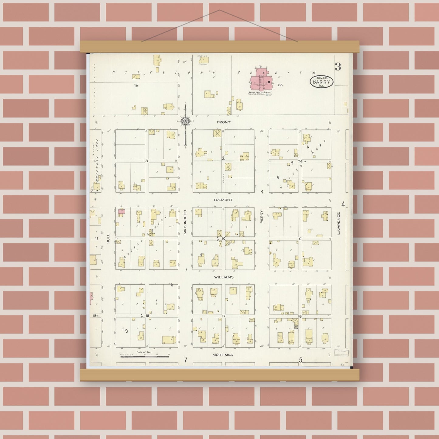 Old map wall art mockup — magnetic wood frame on brick wall — Sanborn Fire Insurance Map from Barry, Pike County, Illinois (1913), Sheet #0003