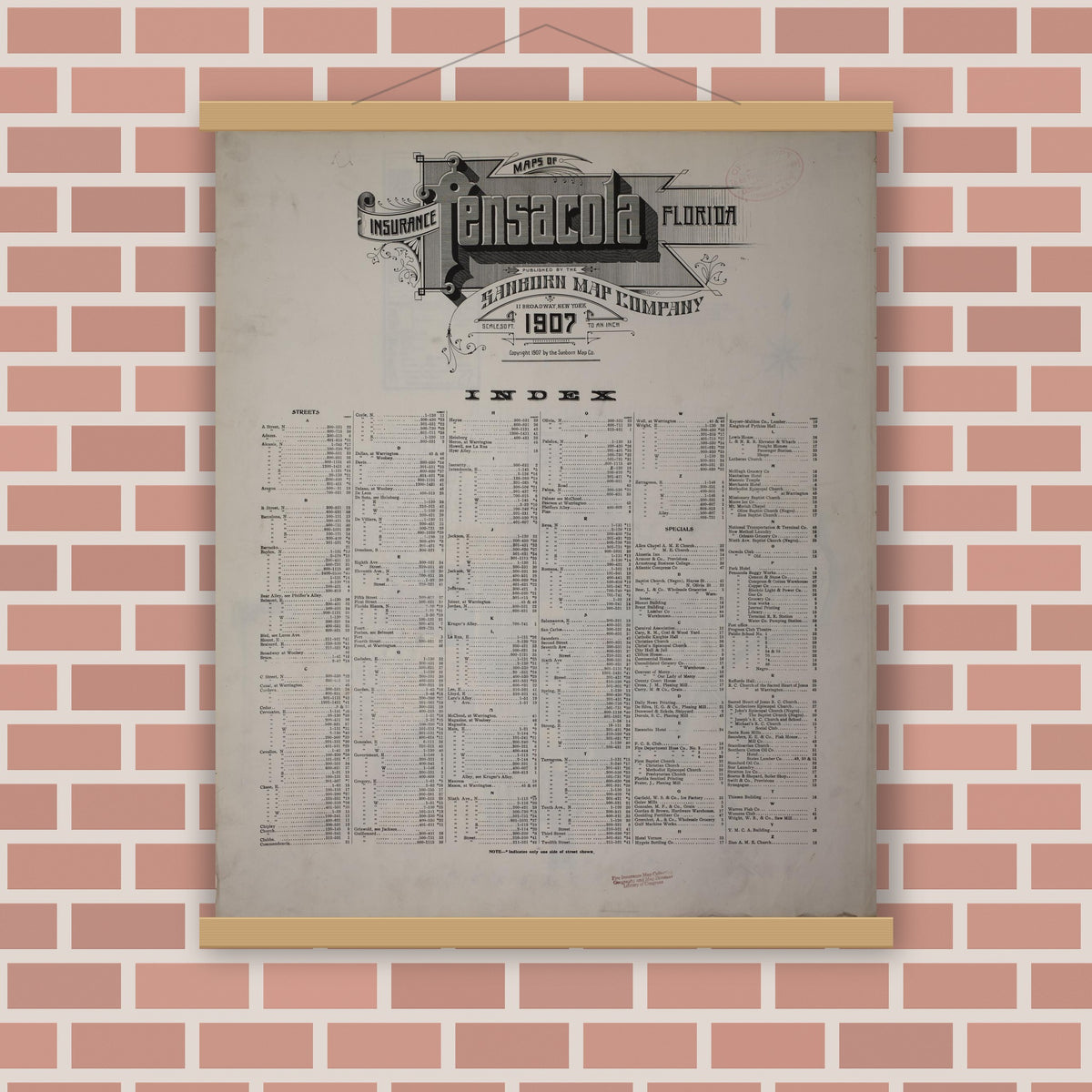 Old map wall art mockup — magnetic wood frame on brick wall — Sanborn Fire Insurance Map from Pensacola, Escambia County, Florida (1907), Sheet #0001