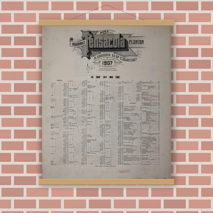 Old map wall art mockup — magnetic wood frame on brick wall — Sanborn Fire Insurance Map from Pensacola, Escambia County, Florida (1907), Sheet #0001