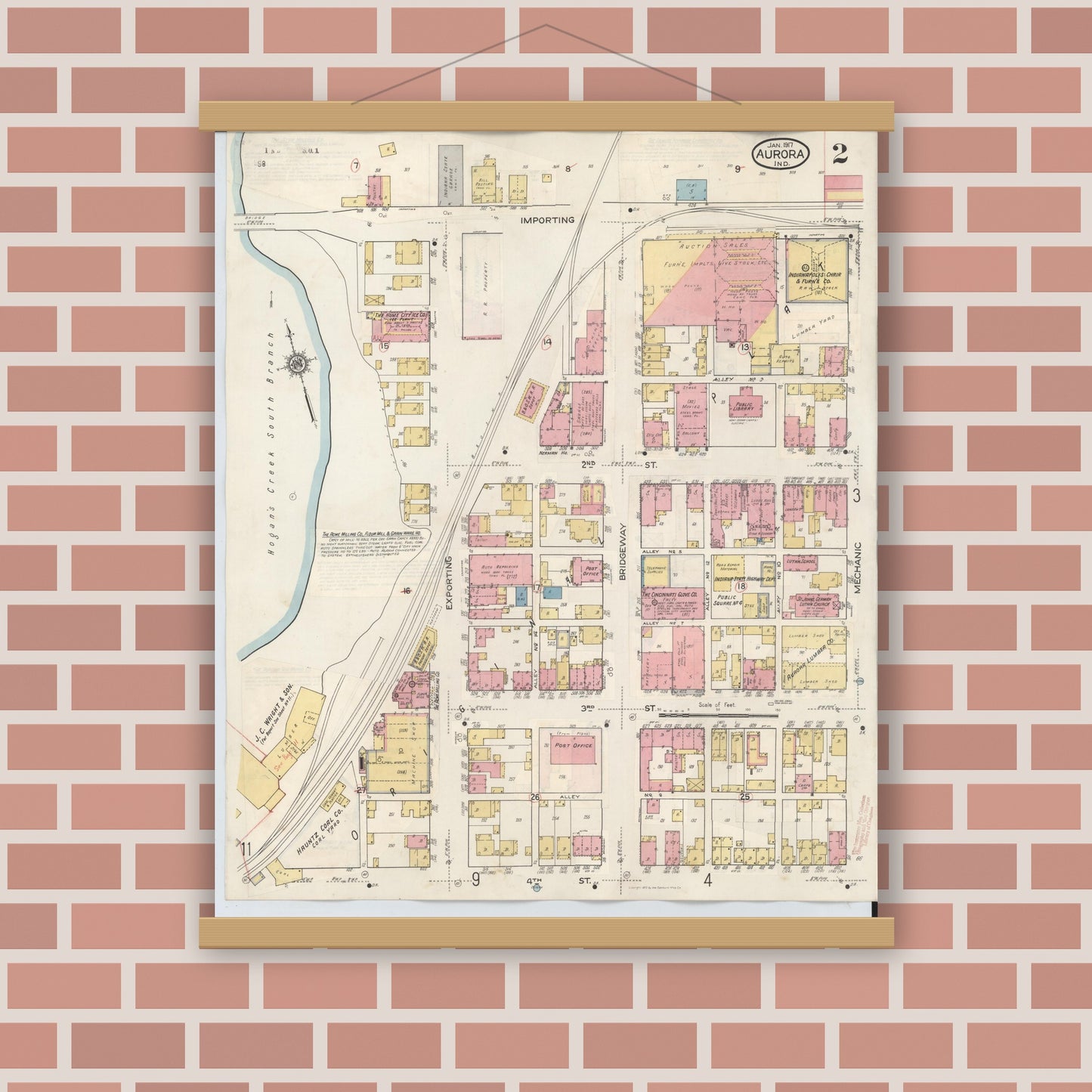 Old map wall art mockup — magnetic wood frame on brick wall — Sanborn Fire Insurance Map from Aurora, Dearborn County, Indiana (1935), Sheet #0002