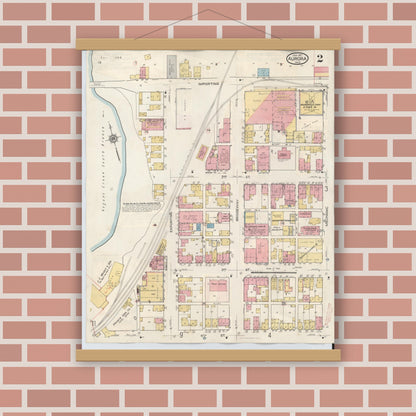 Old map wall art mockup — magnetic wood frame on brick wall — Sanborn Fire Insurance Map from Aurora, Dearborn County, Indiana (1935), Sheet #0002