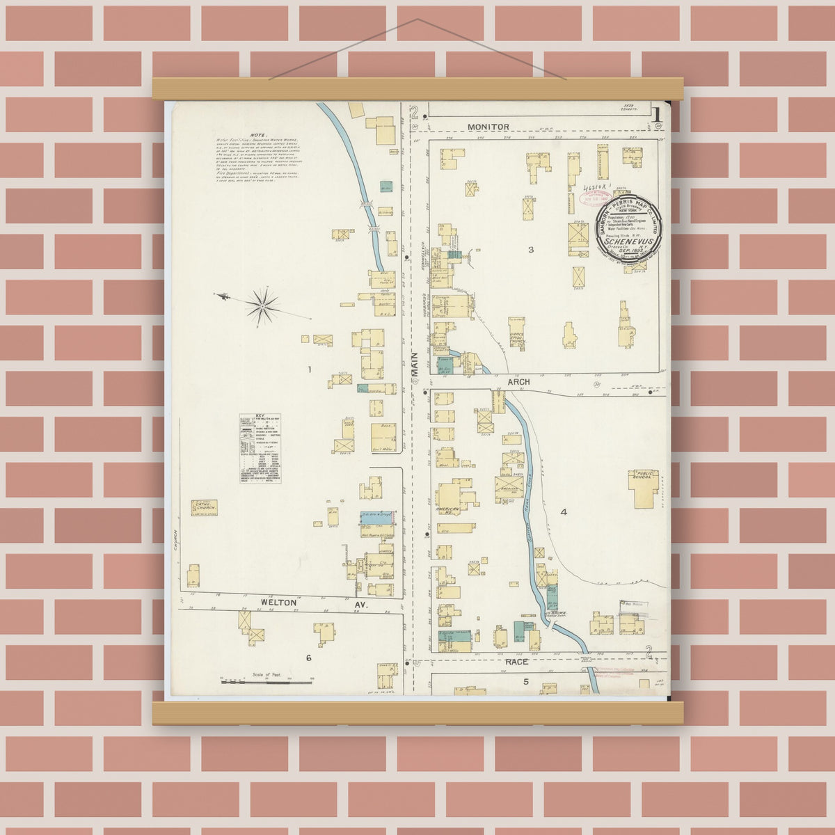 Old map wall art mockup — magnetic wood frame on brick wall — Sanborn Fire Insurance Map from Schenevus, Otsego County, New York (1892) - Complete Map Set