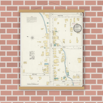Old map wall art mockup — magnetic wood frame on brick wall — Sanborn Fire Insurance Map from Schenevus, Otsego County, New York (1892) - Complete Map Set