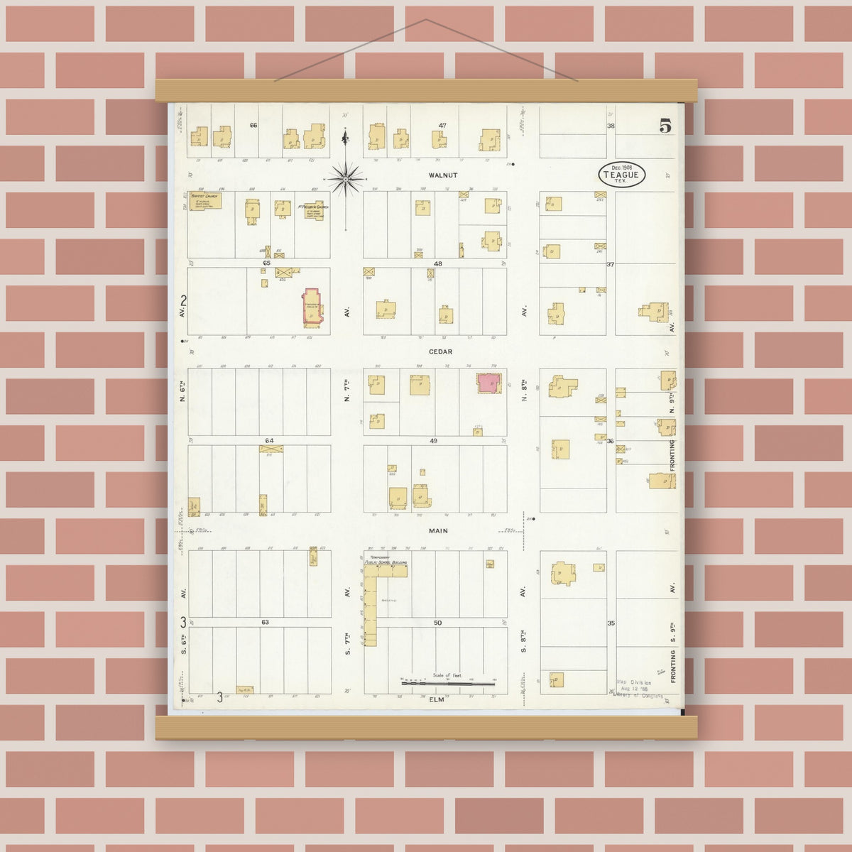 Old map wall art mockup — magnetic wood frame on brick wall — Sanborn Fire Insurance Map from Teague, Freestone County, Texas (1908), Sheet #0005