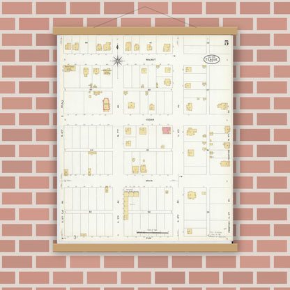 Old map wall art mockup — magnetic wood frame on brick wall — Sanborn Fire Insurance Map from Teague, Freestone County, Texas (1908), Sheet #0005