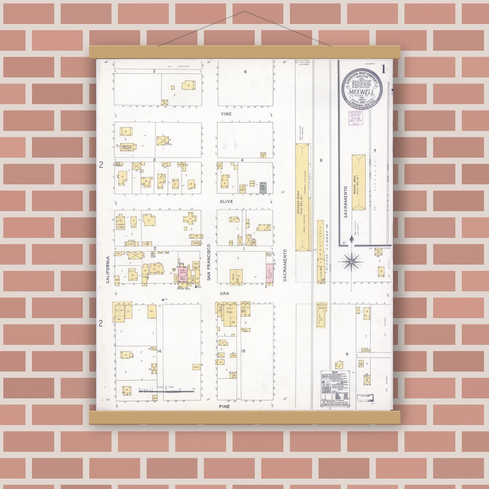 Old map wall art mockup — magnetic wood frame on brick wall — Sanborn Fire Insurance Map from Maxwell, Colusa County, California (1907) - Complete Map Set
