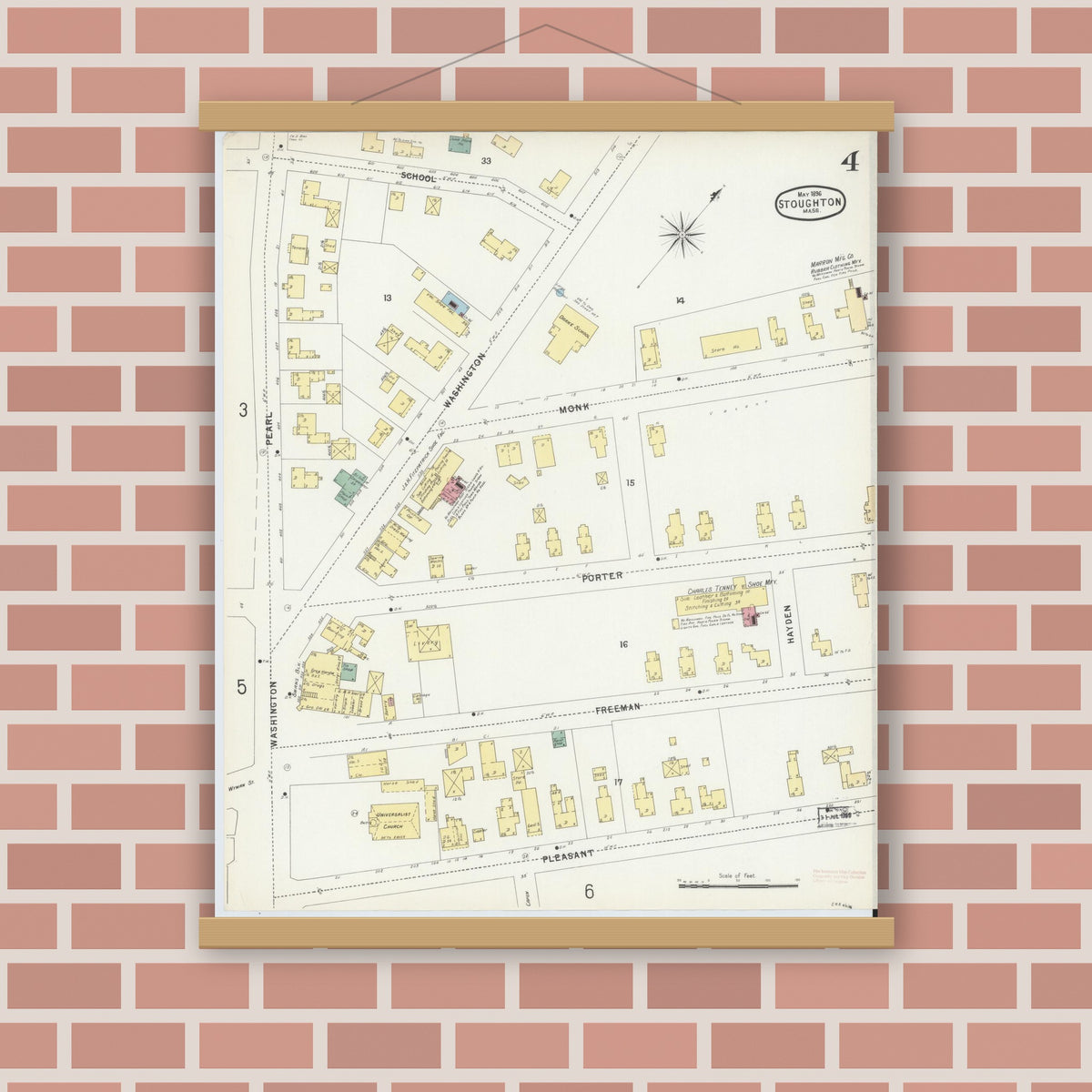 Old map wall art mockup — magnetic wood frame on brick wall — Sanborn Fire Insurance Map from Stoughton, Norfolk County, Massachusetts (1896), Sheet #0004