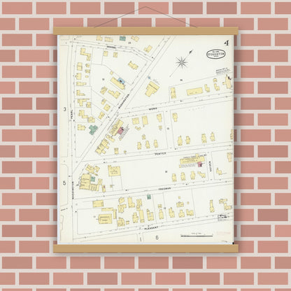 Old map wall art mockup — magnetic wood frame on brick wall — Sanborn Fire Insurance Map from Stoughton, Norfolk County, Massachusetts (1896), Sheet #0004
