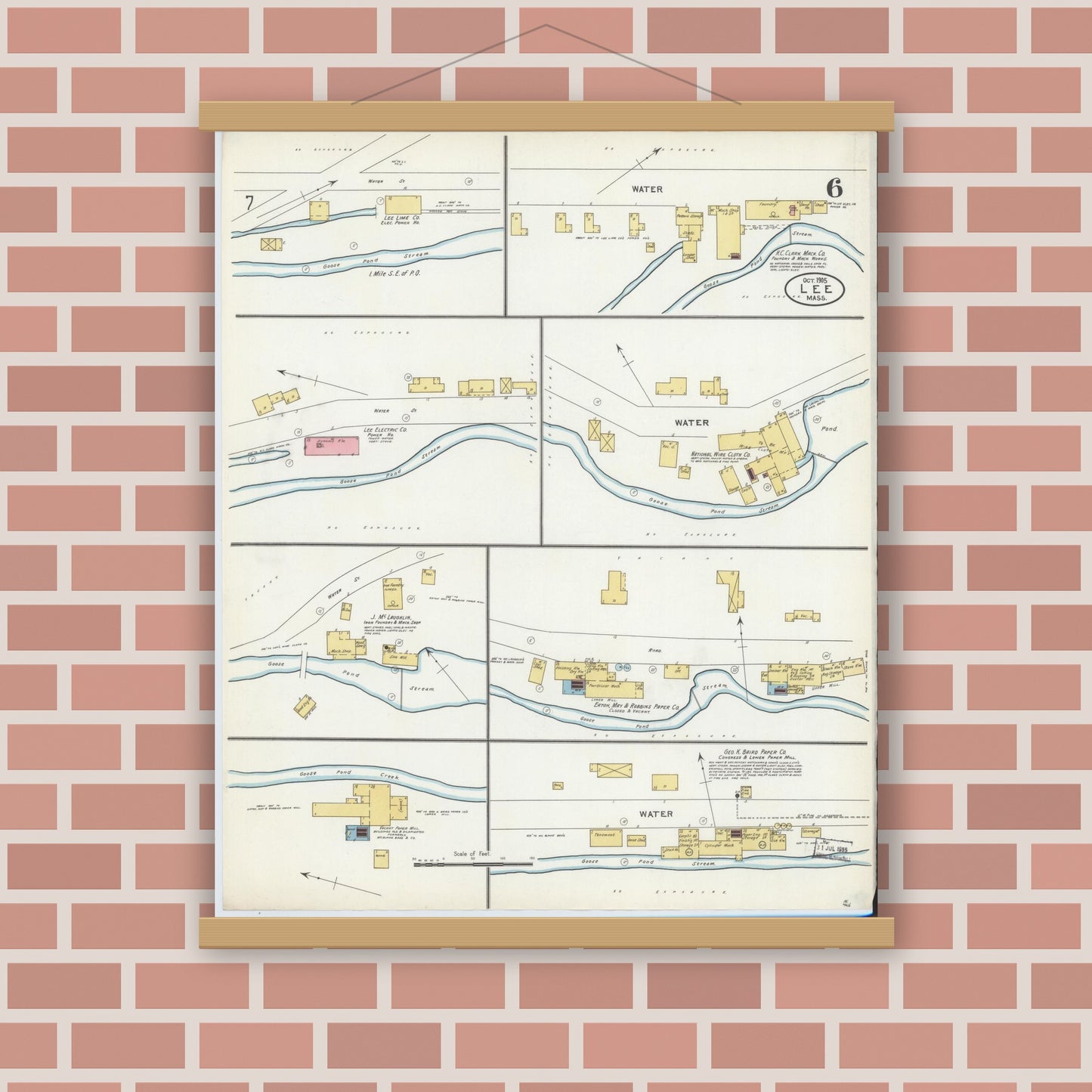 Old map wall art mockup — magnetic wood frame on brick wall — Sanborn Fire Insurance Map from Lee, Berkshire County, Massachusetts (1905), Sheet #0006