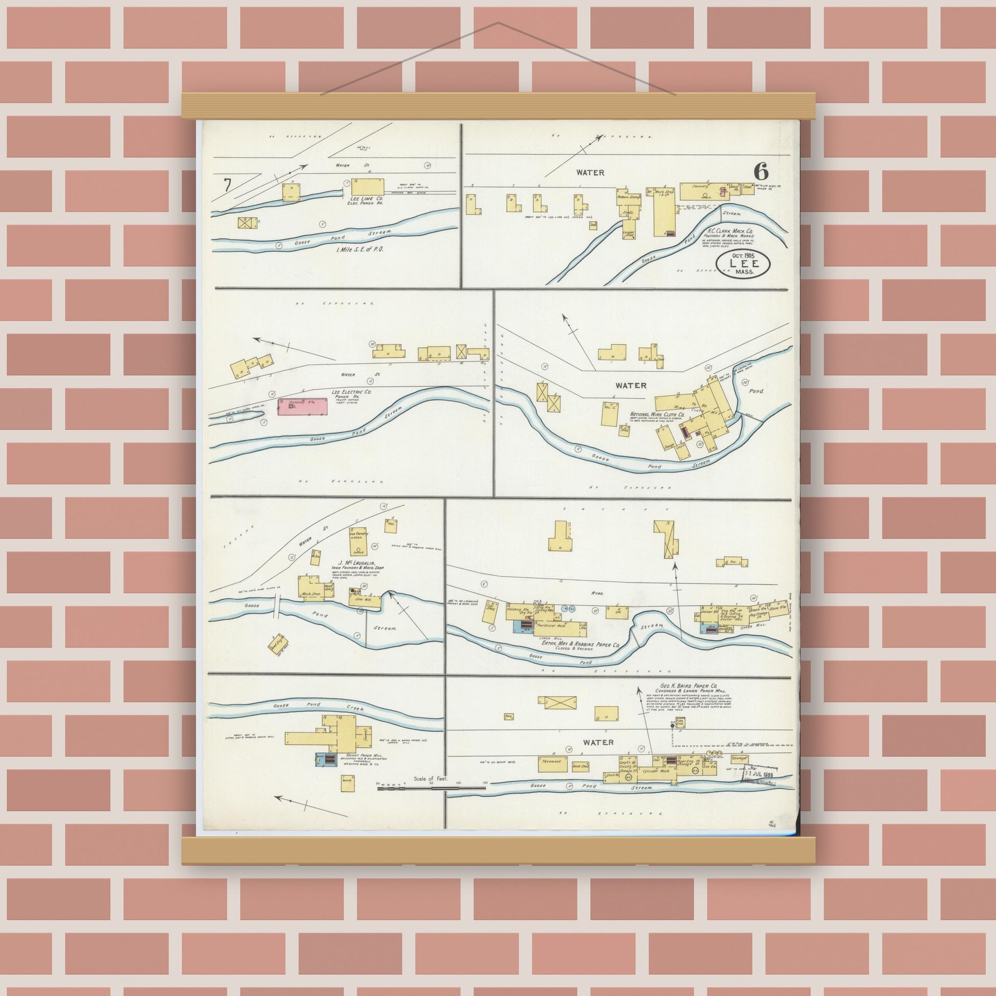 Old map wall art mockup — magnetic wood frame on brick wall — Sanborn Fire Insurance Map from Lee, Berkshire County, Massachusetts (1905), Sheet #0006