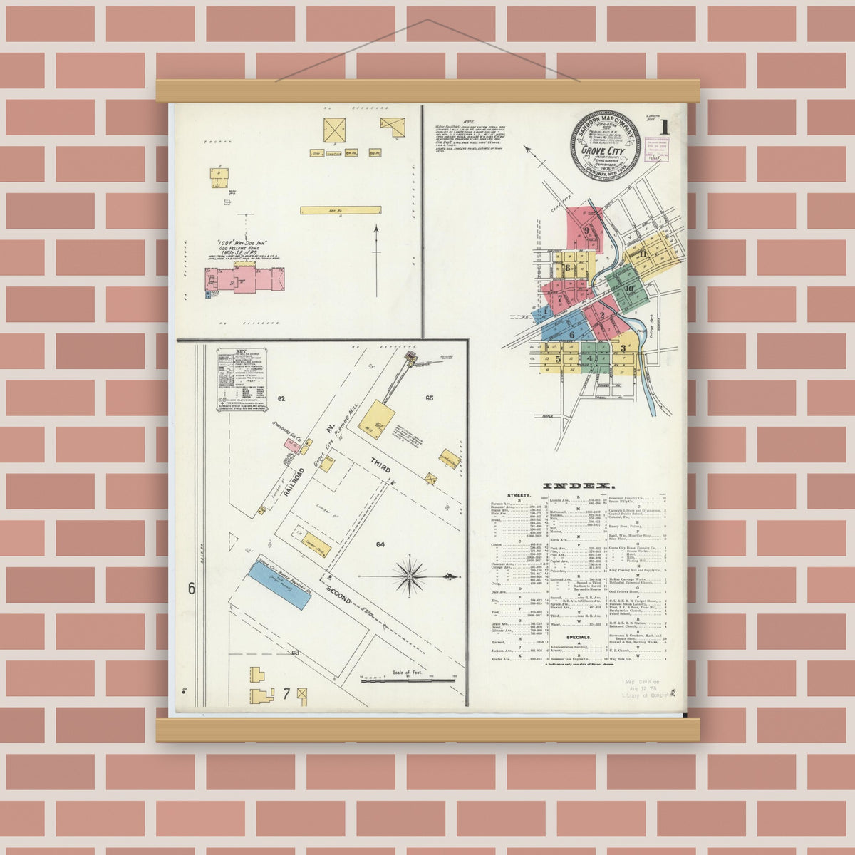 Old map wall art mockup — magnetic wood frame on brick wall — Sanborn Fire Insurance Map from Grove City, Mercer County, Pennsylvania (1906) - Complete Map Set