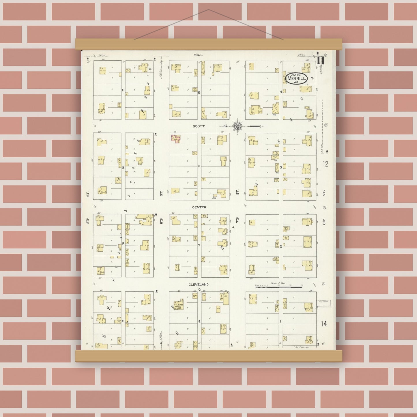 Old map wall art mockup — magnetic wood frame on brick wall — Sanborn Fire Insurance Map from Merrill, Lincoln County, Wisconsin (1913), Sheet #0011