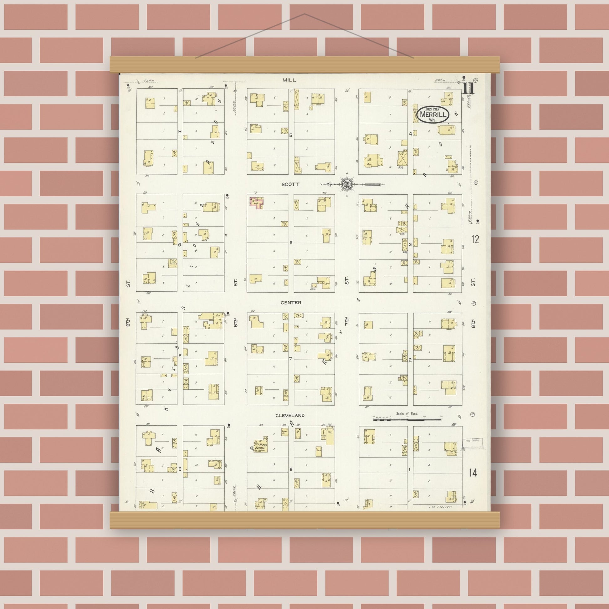 Old map wall art mockup — magnetic wood frame on brick wall — Sanborn Fire Insurance Map from Merrill, Lincoln County, Wisconsin (1913), Sheet #0011