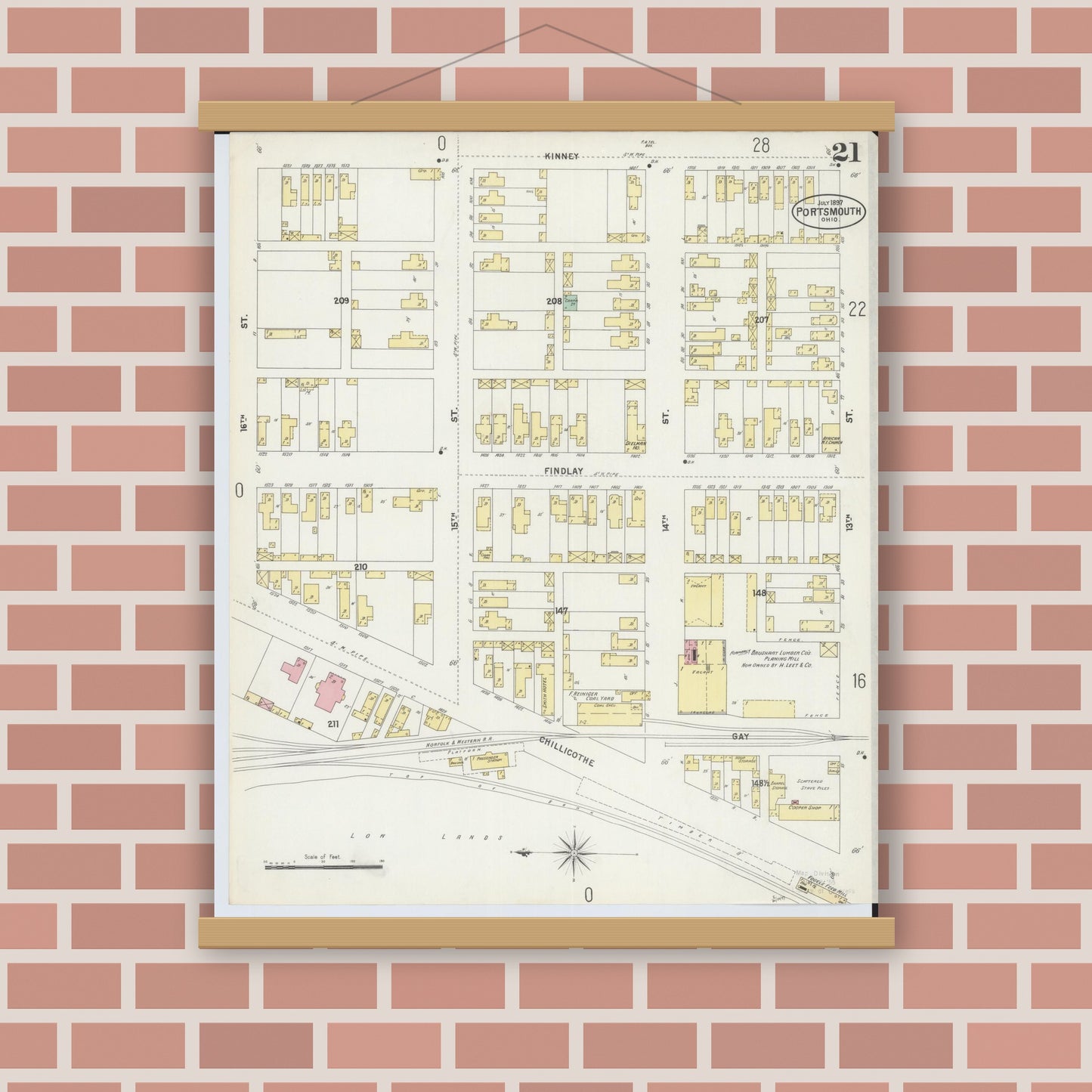 Old map wall art mockup — magnetic wood frame on brick wall — Sanborn Fire Insurance Map from Portsmouth, Scioto County, Ohio (1897), Sheet #0021