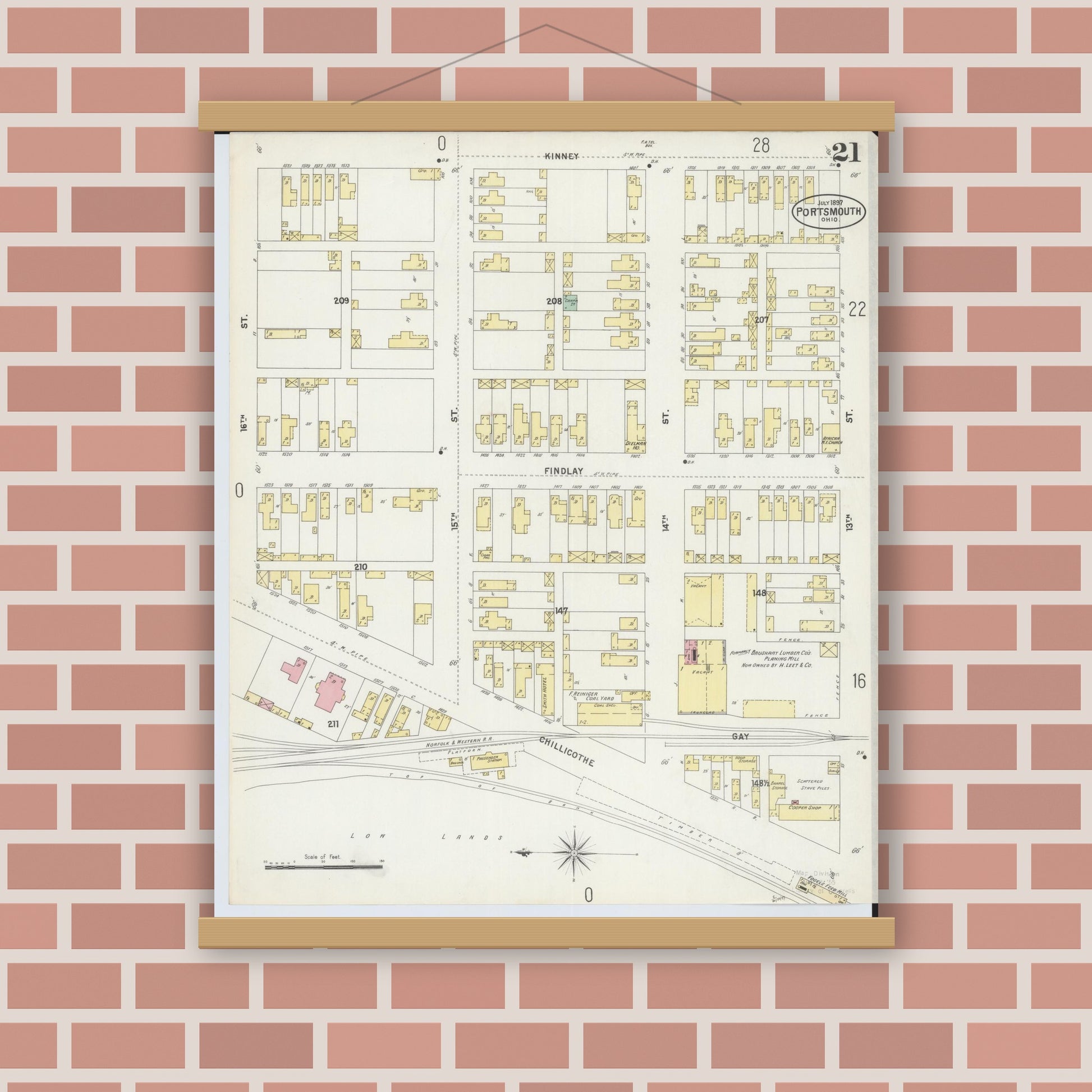Old map wall art mockup — magnetic wood frame on brick wall — Sanborn Fire Insurance Map from Portsmouth, Scioto County, Ohio (1897), Sheet #0021
