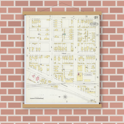 Old map wall art mockup — magnetic wood frame on brick wall — Sanborn Fire Insurance Map from Portsmouth, Scioto County, Ohio (1897), Sheet #0021