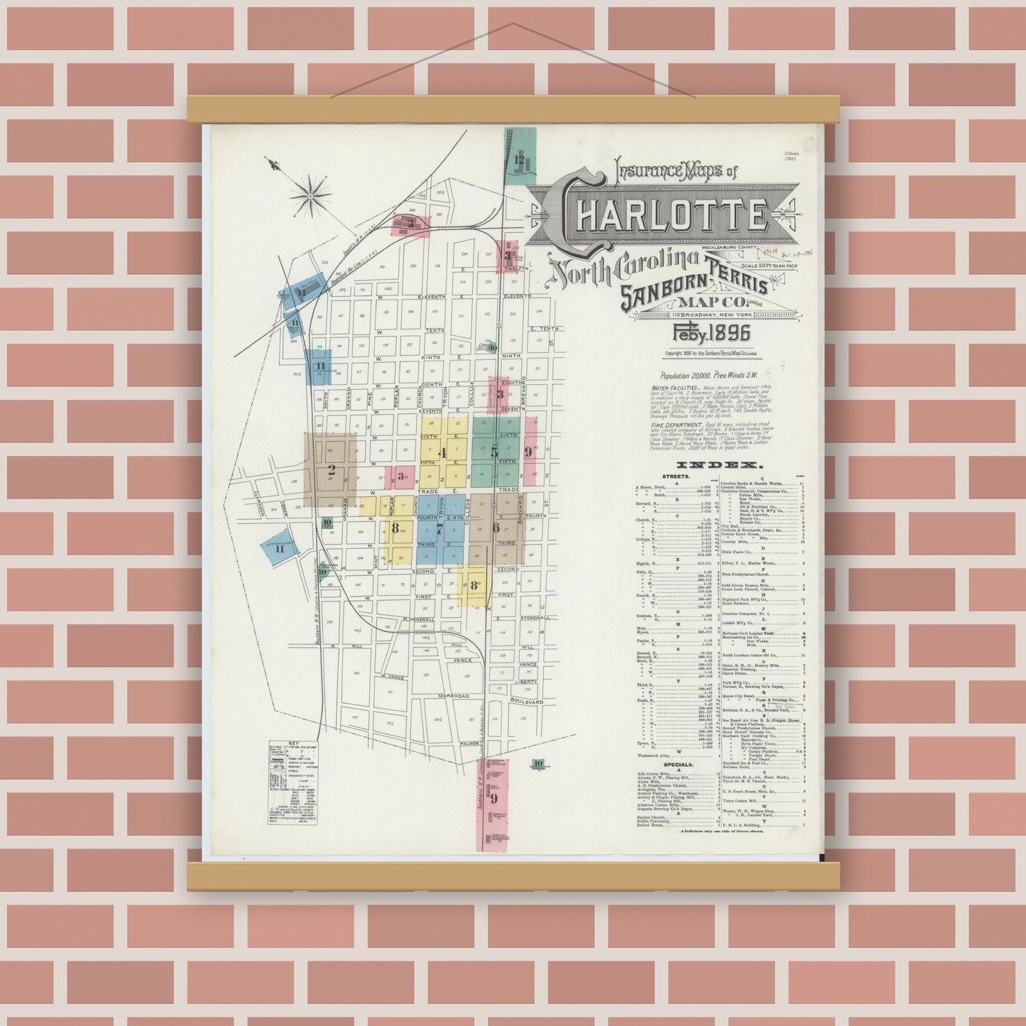 Old map wall art mockup — magnetic wood frame on brick wall — Sanborn Fire Insurance Map from Charlotte, Mecklenburg County, North Carolina (1896) - Complete Map Set