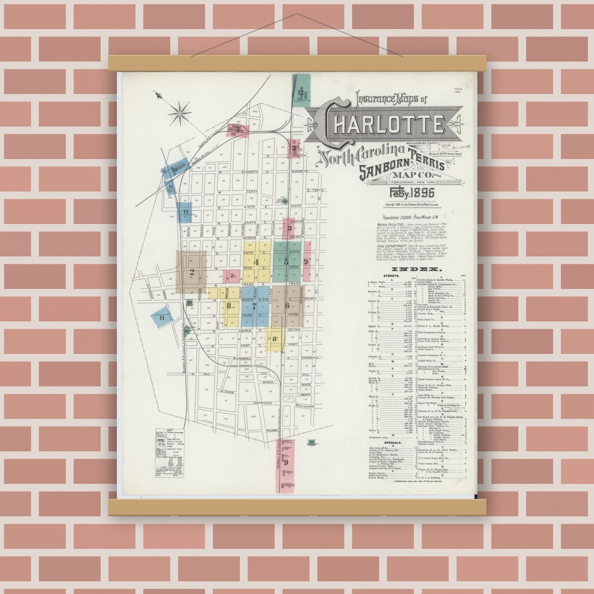 Old map wall art mockup — magnetic wood frame on brick wall — Sanborn Fire Insurance Map from Charlotte, Mecklenburg County, North Carolina (1896) - Complete Map Set