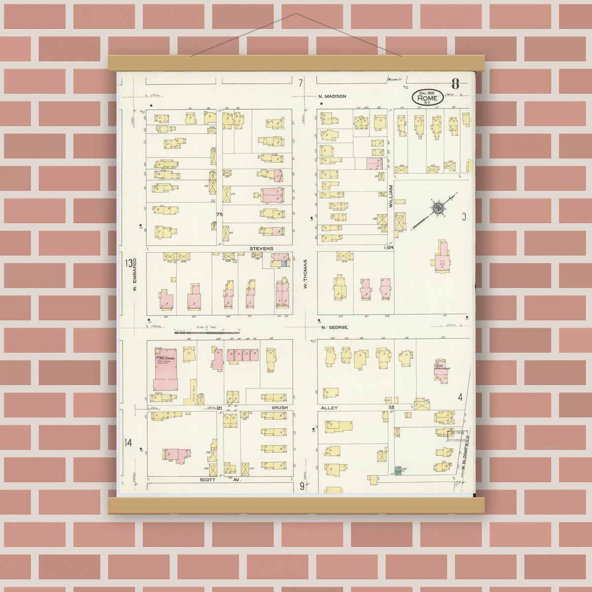 Old map wall art mockup — magnetic wood frame on brick wall — Sanborn Fire Insurance Map from Rome, Oneida County, New York (1909), Sheet #0008