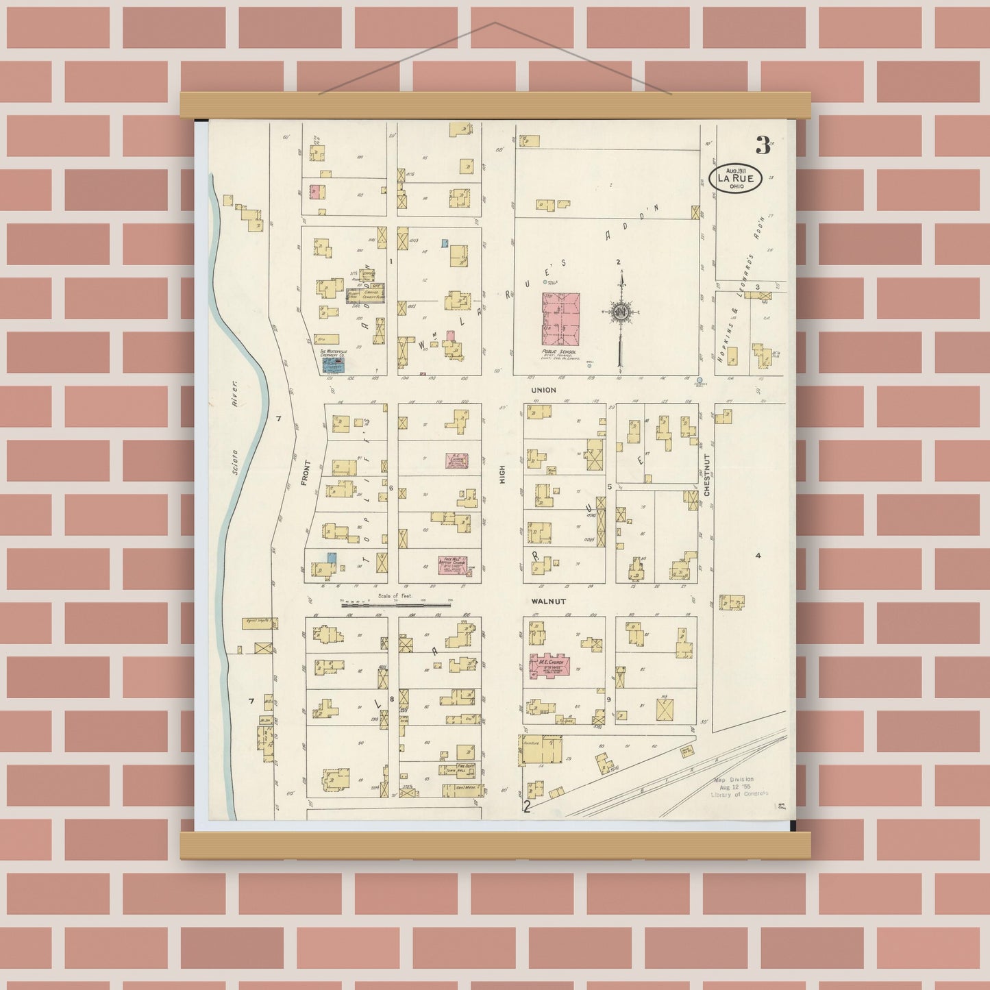 Old map wall art mockup — magnetic wood frame on brick wall — Sanborn Fire Insurance Map from La Rue, Marion County, Ohio (1911), Sheet #0003