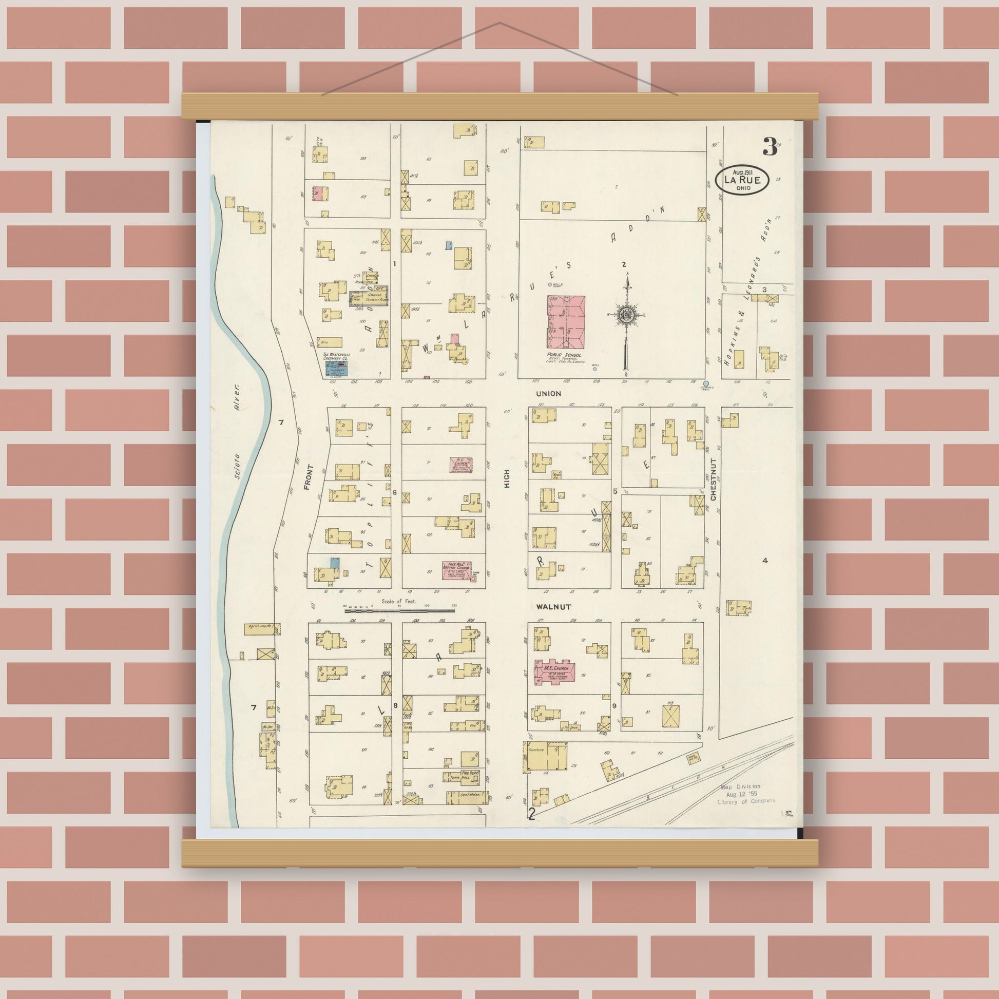 Old map wall art mockup — magnetic wood frame on brick wall — Sanborn Fire Insurance Map from La Rue, Marion County, Ohio (1911), Sheet #0003