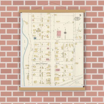Old map wall art mockup — magnetic wood frame on brick wall — Sanborn Fire Insurance Map from La Rue, Marion County, Ohio (1911), Sheet #0003