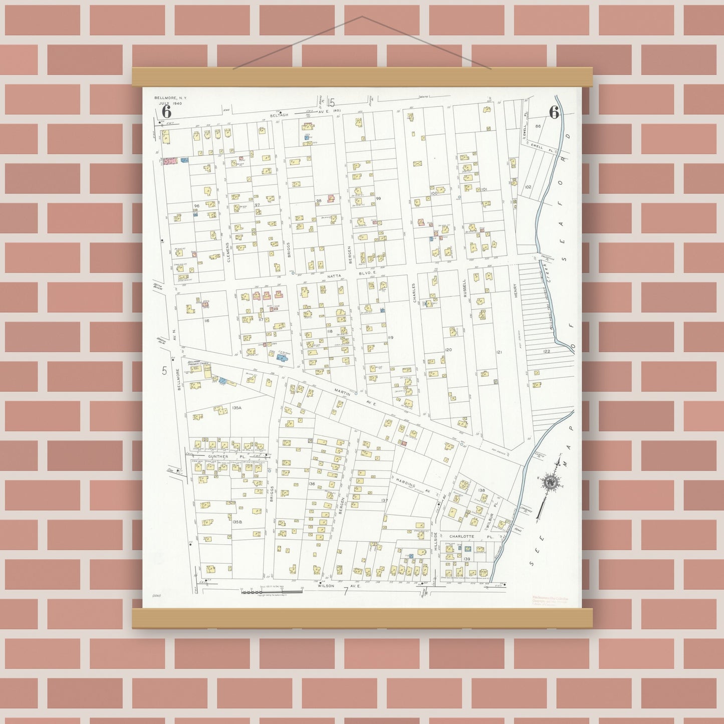 Old map wall art mockup — magnetic wood frame on brick wall — Sanborn Fire Insurance Map from Bellmore, Nassau County, New York (1940), Sheet #0006