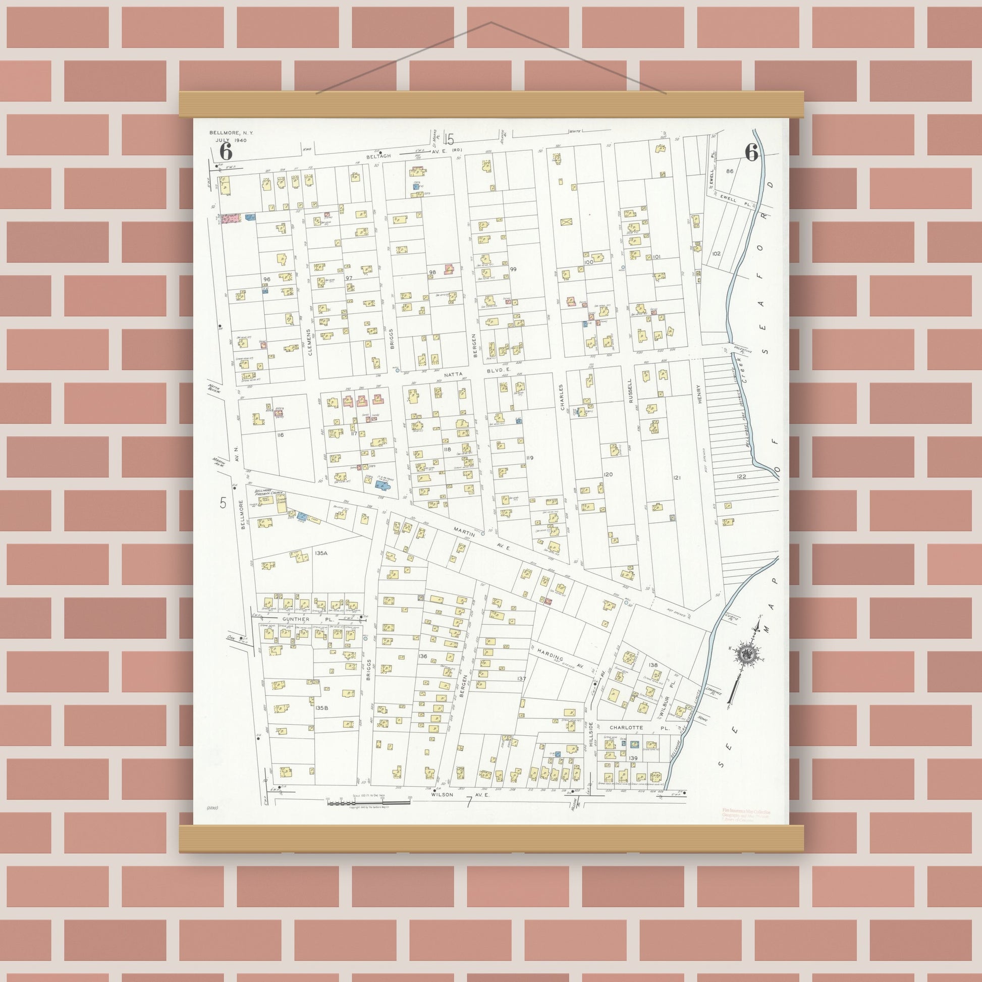 Old map wall art mockup — magnetic wood frame on brick wall — Sanborn Fire Insurance Map from Bellmore, Nassau County, New York (1940), Sheet #0006