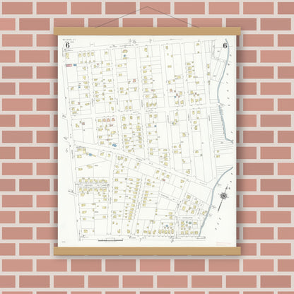 Old map wall art mockup — magnetic wood frame on brick wall — Sanborn Fire Insurance Map from Bellmore, Nassau County, New York (1940), Sheet #0006
