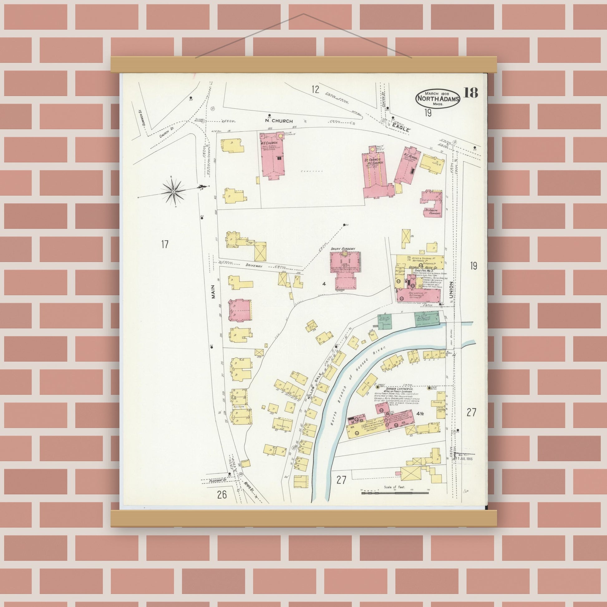 Old map wall art mockup — magnetic wood frame on brick wall — Sanborn Fire Insurance Map from North Adams, Berkshire County, Massachusetts (1908), Sheet #0018