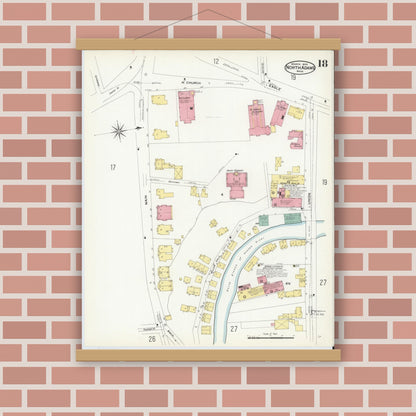 Old map wall art mockup — magnetic wood frame on brick wall — Sanborn Fire Insurance Map from North Adams, Berkshire County, Massachusetts (1908), Sheet #0018