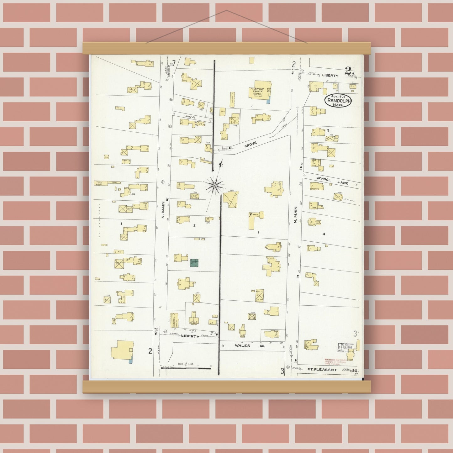 Old map wall art mockup — magnetic wood frame on brick wall — Sanborn Fire Insurance Map from Randolph, Norfolk County, Massachusetts (1909), Sheet #0002