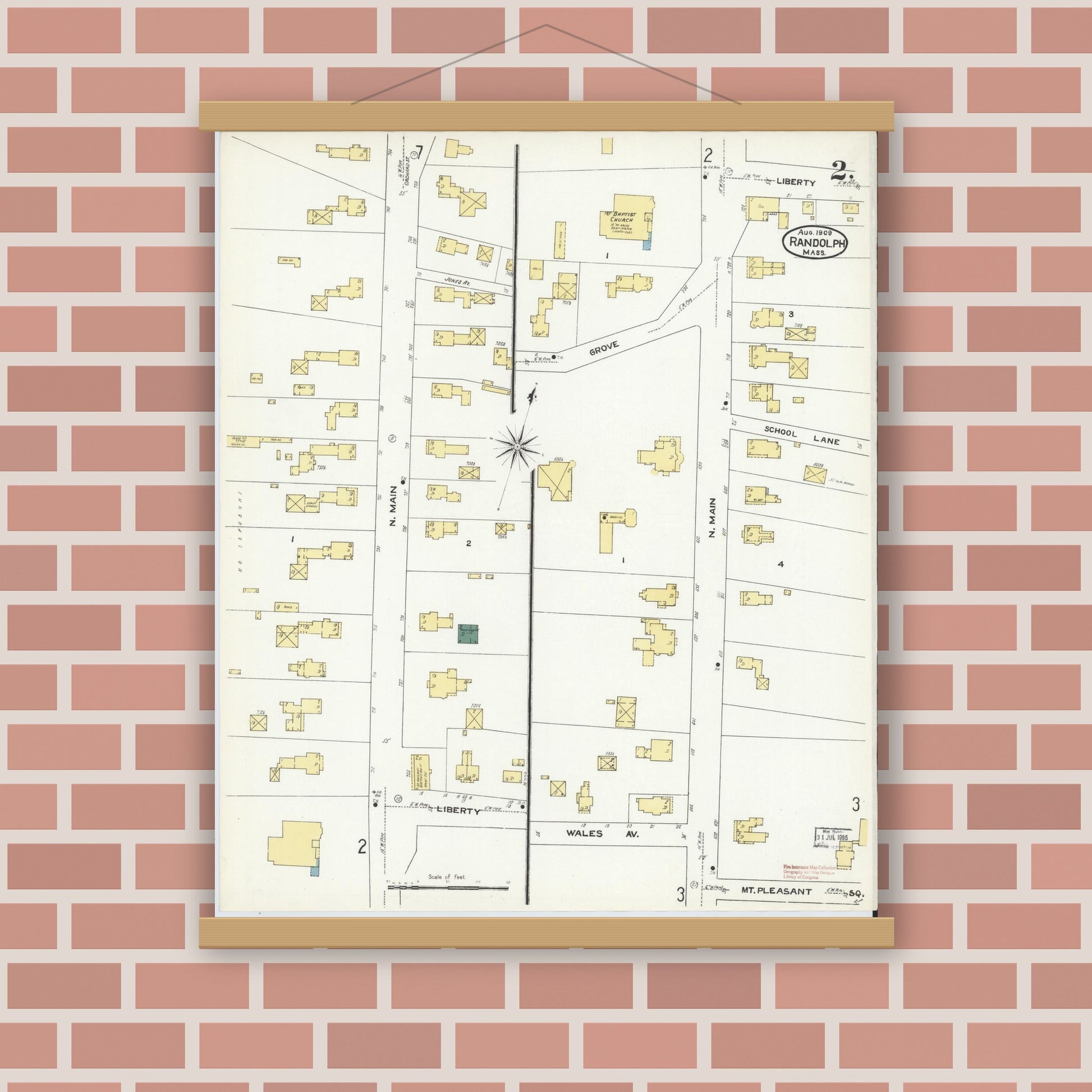 Old map wall art mockup — magnetic wood frame on brick wall — Sanborn Fire Insurance Map from Randolph, Norfolk County, Massachusetts (1909), Sheet #0002