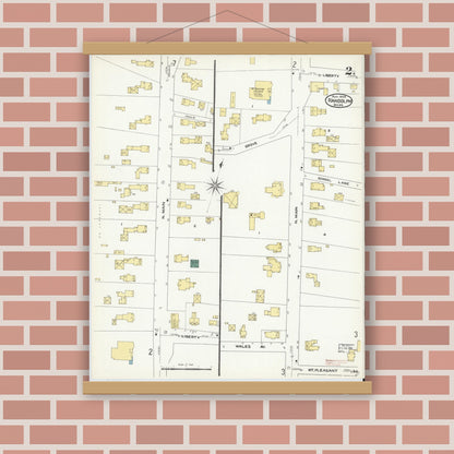 Old map wall art mockup — magnetic wood frame on brick wall — Sanborn Fire Insurance Map from Randolph, Norfolk County, Massachusetts (1909), Sheet #0002
