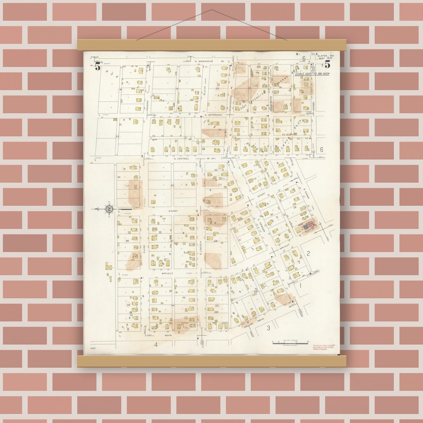Old map wall art mockup — magnetic wood frame on brick wall — Sanborn Fire Insurance Map from Slater, Saline County, Missouri (1944), Sheet #0005