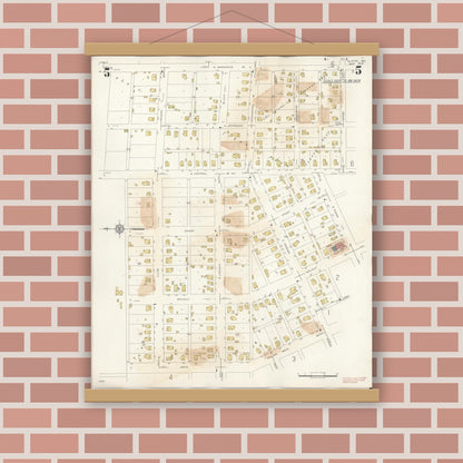 Old map wall art mockup — magnetic wood frame on brick wall — Sanborn Fire Insurance Map from Slater, Saline County, Missouri (1944), Sheet #0005