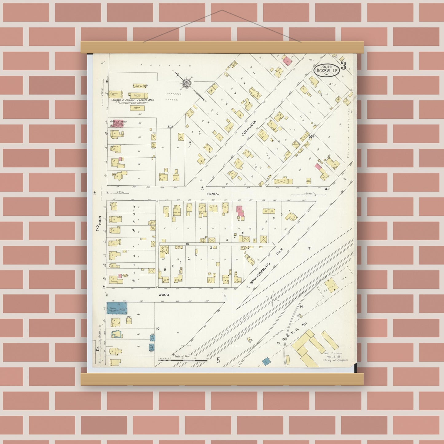 Old map wall art mockup — magnetic wood frame on brick wall — Sanborn Fire Insurance Map from Hicksville, Defiance County, Ohio (1913), Sheet #0003