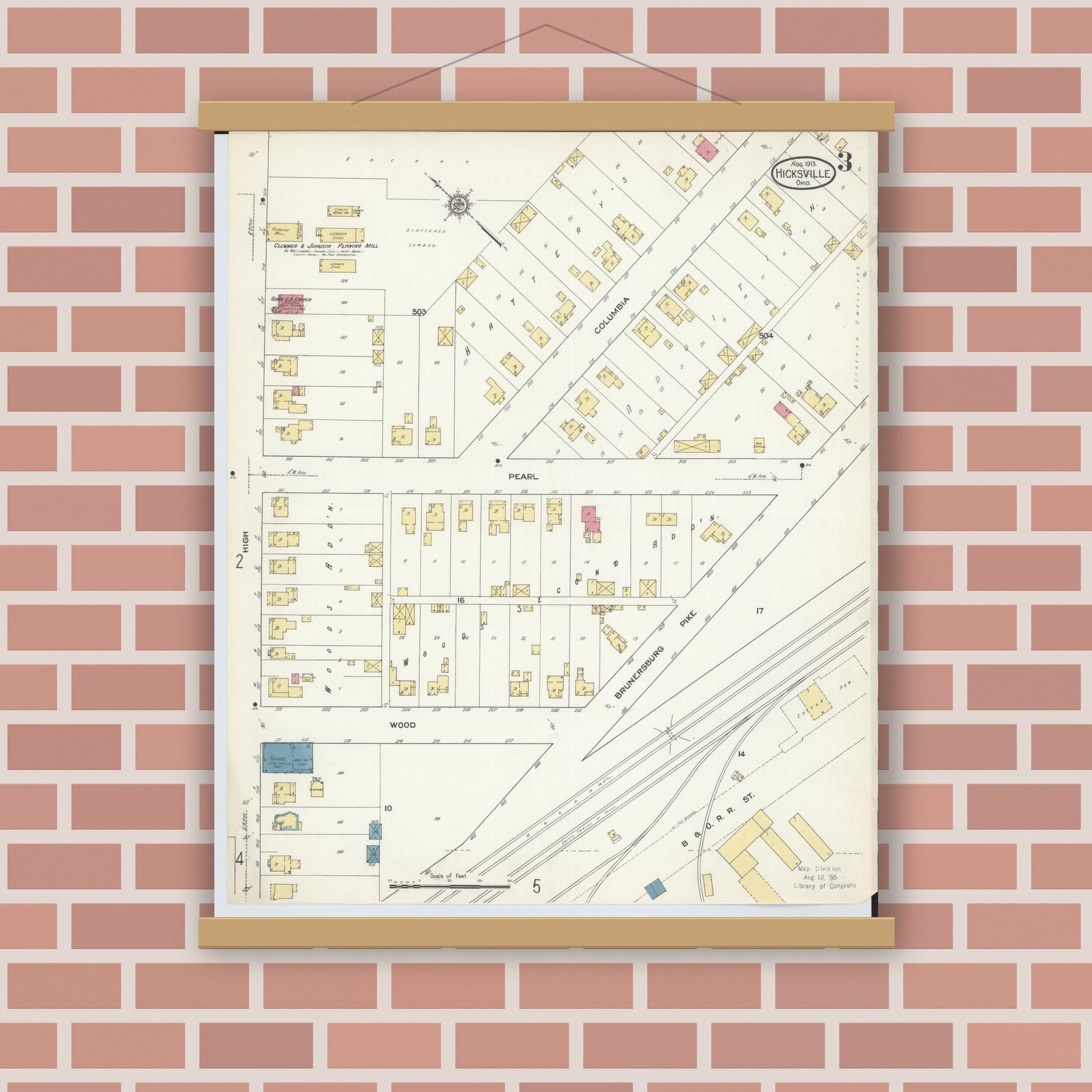 Old map wall art mockup — magnetic wood frame on brick wall — Sanborn Fire Insurance Map from Hicksville, Defiance County, Ohio (1913), Sheet #0003