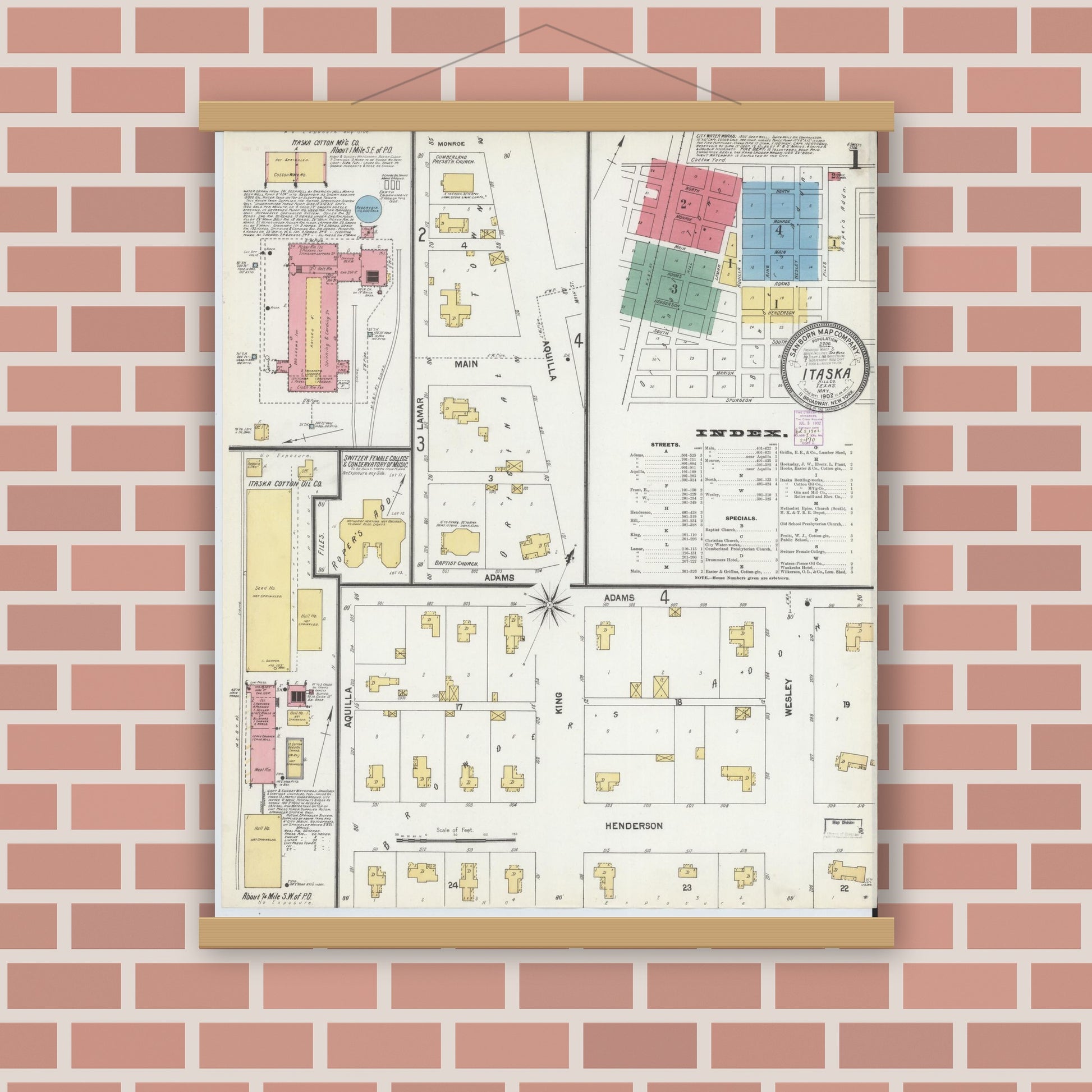 Old map wall art mockup — magnetic wood frame on brick wall — Sanborn Fire Insurance Map from Itasca, Hill County, Texas (1902), Sheet #0001